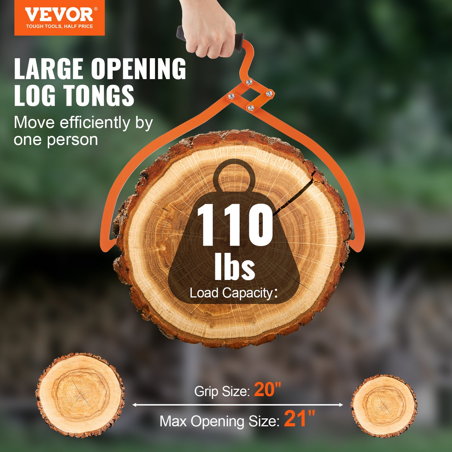 VEVOR Log Tongs, 20 inch 2 Claw Logging Skidding Tongs Non-Slip Grip, Steel Hand Log Grapple with 110 lbs Loading Capacity, Log Lifting, Handling, Dragging & Carrying Tool