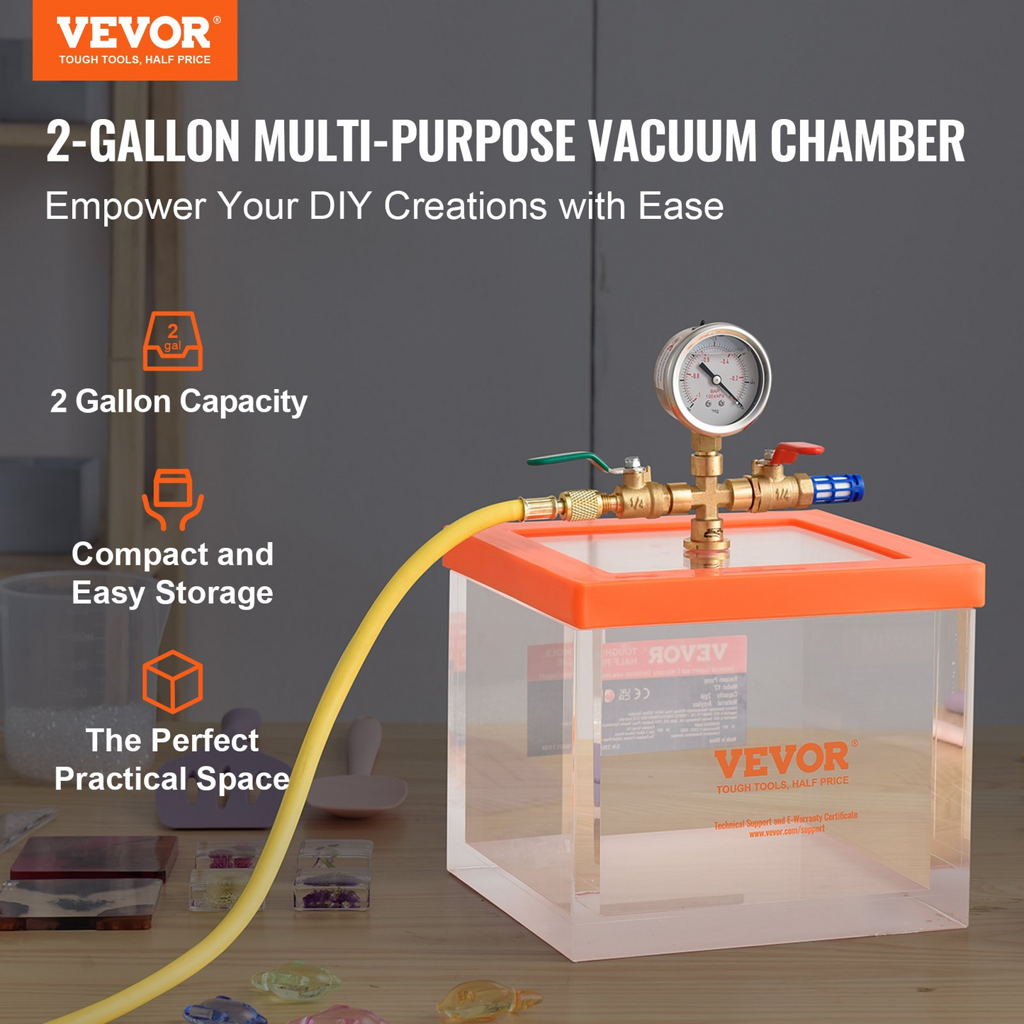 VEVOR 2 Gallon Vacuum Chamber, Upgraded Multipurpose Acrylic Vacuum Degassing Chamber, Transparent Vacuum Chamber, for Resin Degassing, Silica Gel Degassing, Gypsum Degassing and Vacuum Extraction