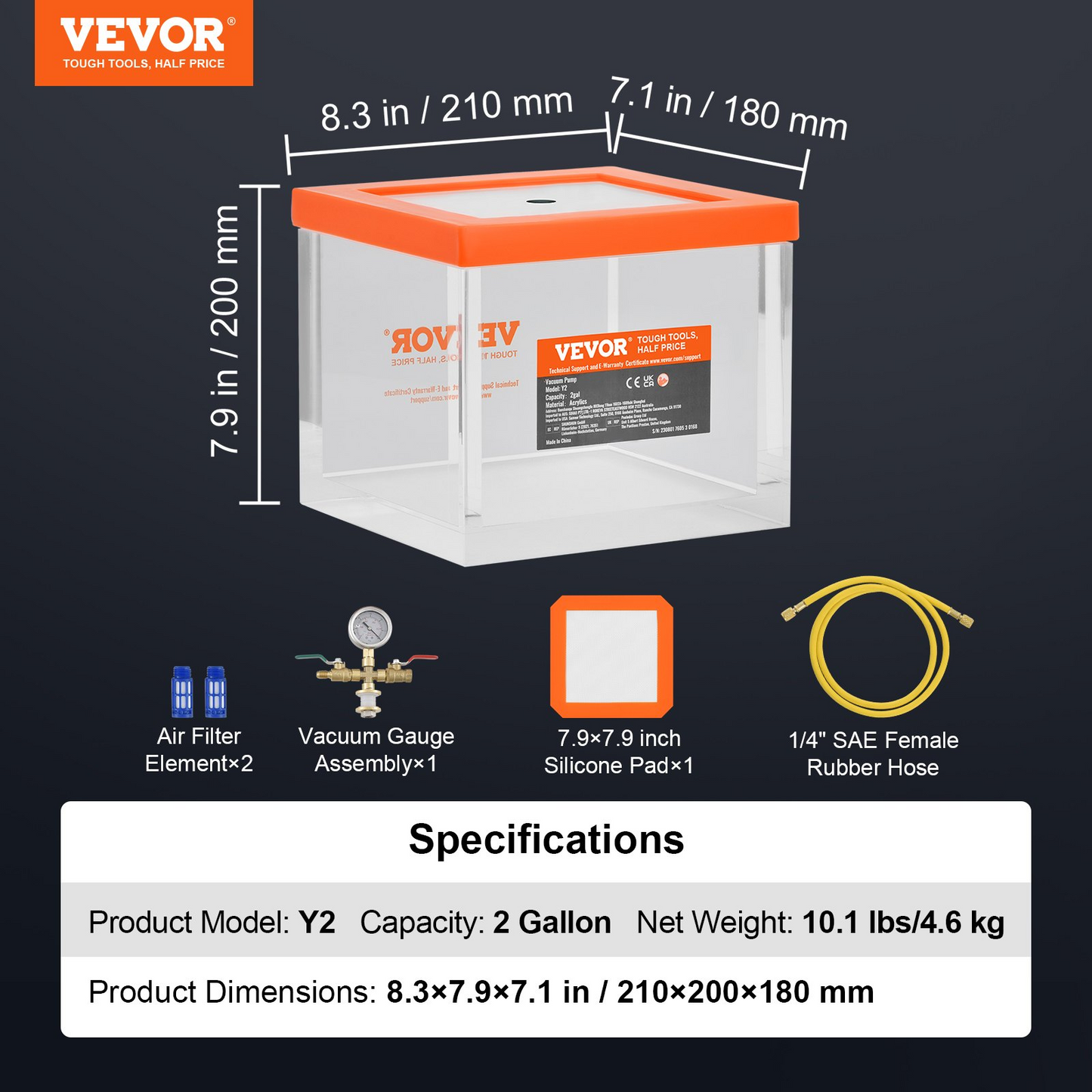 VEVOR 2 Gallon Vacuum Chamber, Upgraded Multipurpose Acrylic Vacuum Degassing Chamber, Transparent Vacuum Chamber, for Resin Degassing, Silica Gel Degassing, Gypsum Degassing and Vacuum Extraction