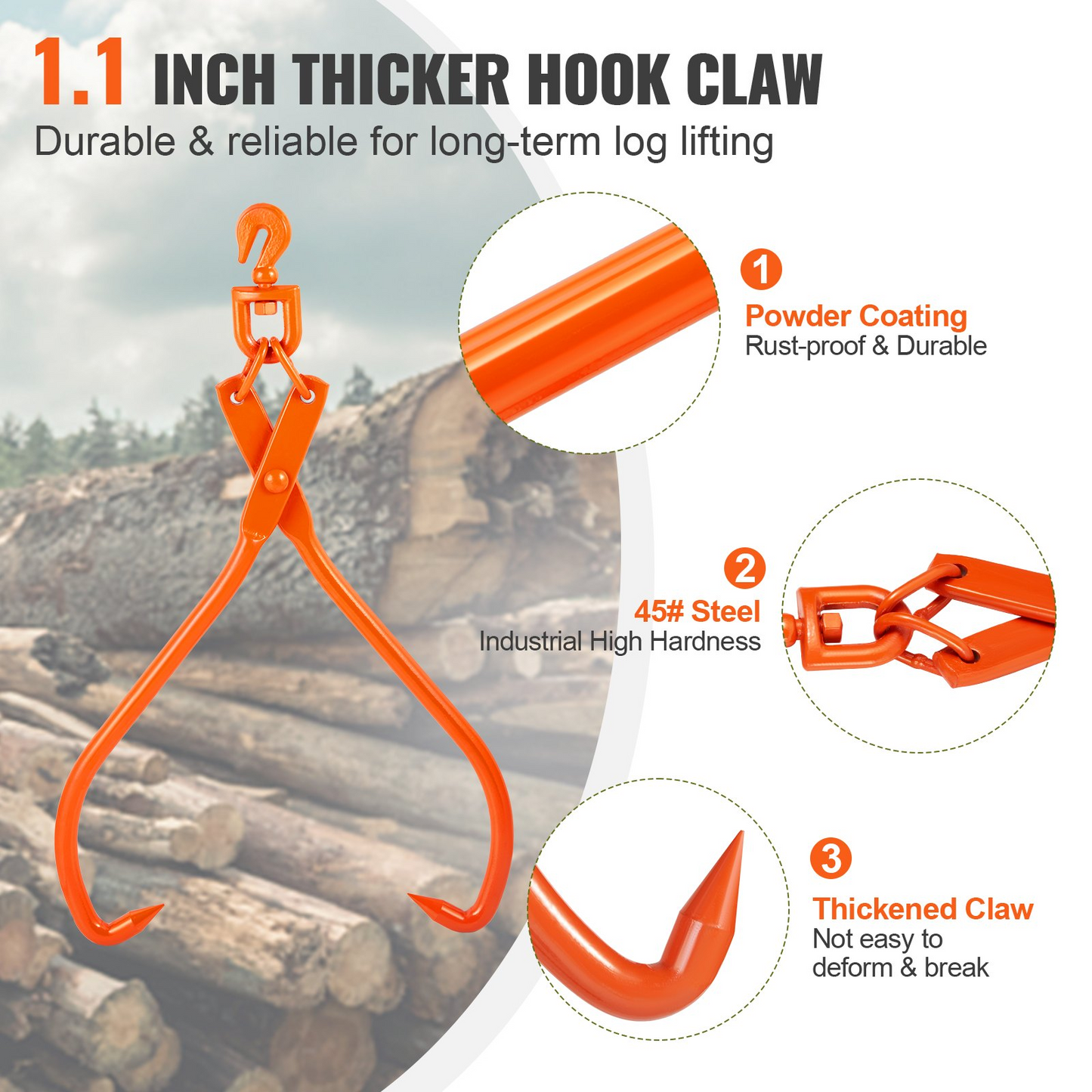 VEVOR Log Skidding Tongs, 32 inch 2 Claw Log Lifting Tongs, Heavy Duty Rotating Steel Lumber Skidding Tongs, 1543 lbs/700 kg Loading Capacity, Log Lifting, Handling, Dragging & Carrying Tool