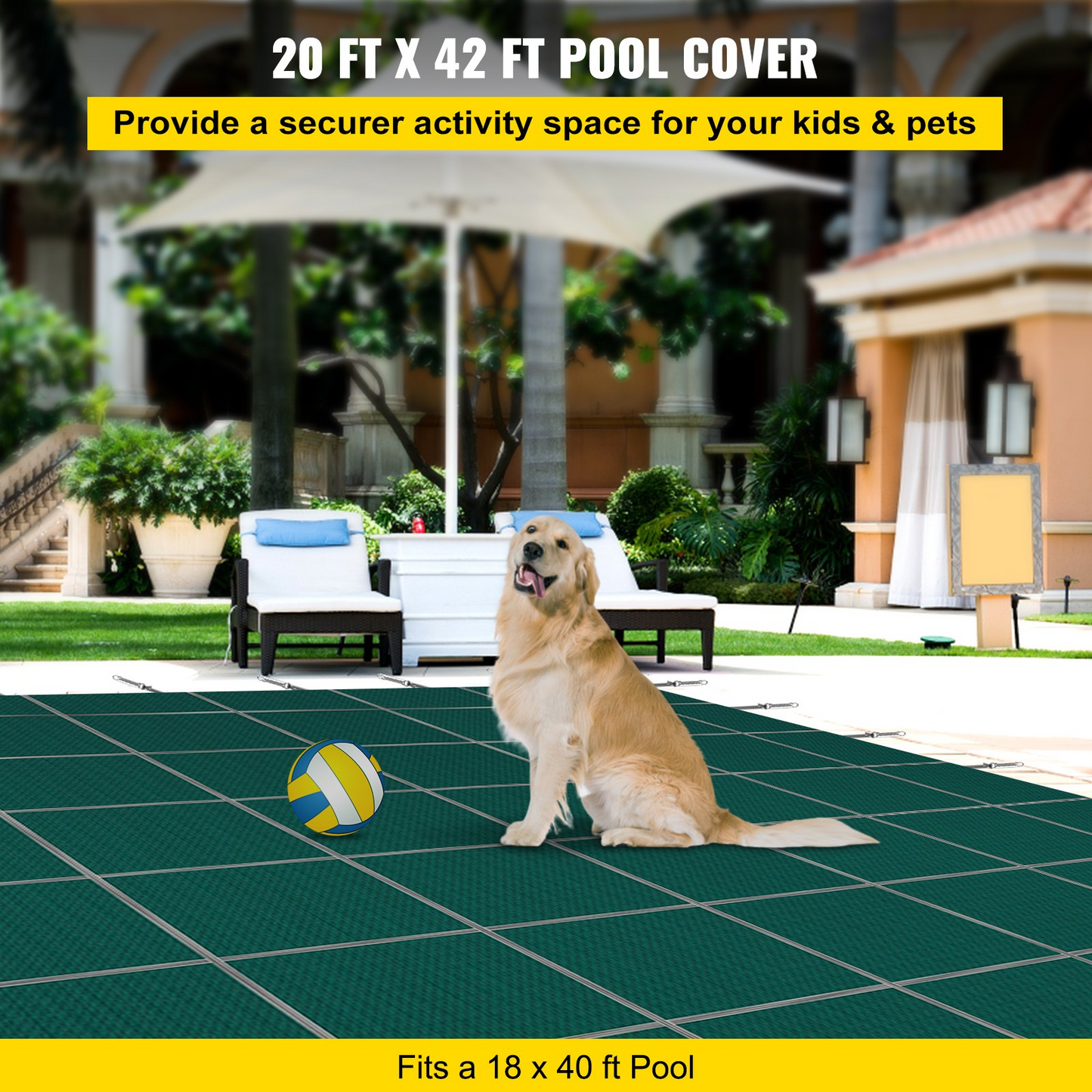 VEVOR Inground Pool Safety Cover, 20 ft x 42 ft Rectangular Winter Pool Cover, Triple Stitched, High Strength Mesh PP Material with Good Rain Permeability, Installation Hardware Included, Green