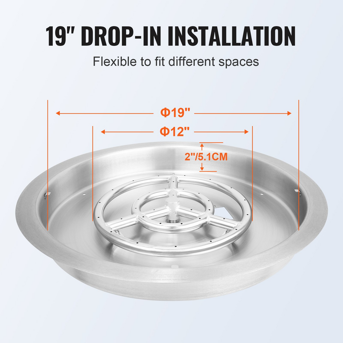 VEVOR 19 inch Round Drop-in Fire Pit Pan, Stainless Steel Fire Pit Burner, Natural & Propane Gas Fire Pan 92,000 BTU with Lid, for Indoor or Outdoor Use