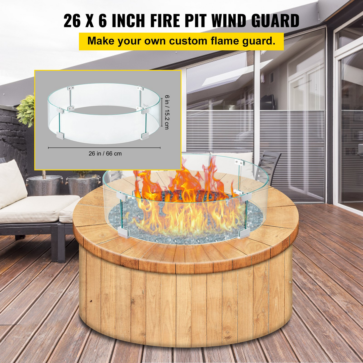 VEVOR Fire Pit Wind Guard, 26 x 26 x 6 Inch Glass Flame Guard, Round Glass Shield, 1/4-Inch Thick Fire Table, Clear Tempered Glass Flame Guard, Aluminum Alloy Feet for Propane, Gas, Outdoor