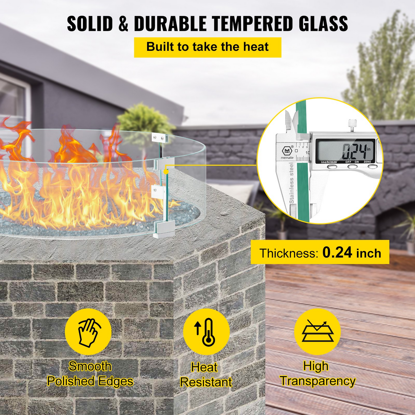 VEVOR Fire Pit Wind Guard, 26 x 26 x 6 Inch Glass Flame Guard, Round Glass Shield, 1/4-Inch Thick Fire Table, Clear Tempered Glass Flame Guard, Aluminum Alloy Feet for Propane, Gas, Outdoor