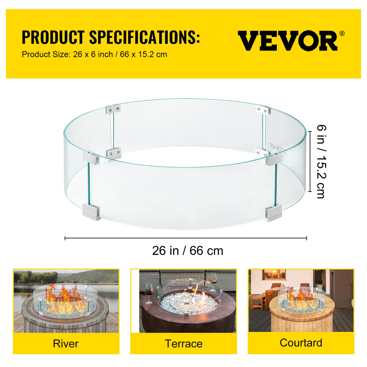 VEVOR Fire Pit Wind Guard, 26 x 26 x 6 Inch Glass Flame Guard, Round Glass Shield, 1/4-Inch Thick Fire Table, Clear Tempered Glass Flame Guard, Aluminum Alloy Feet for Propane, Gas, Outdoor