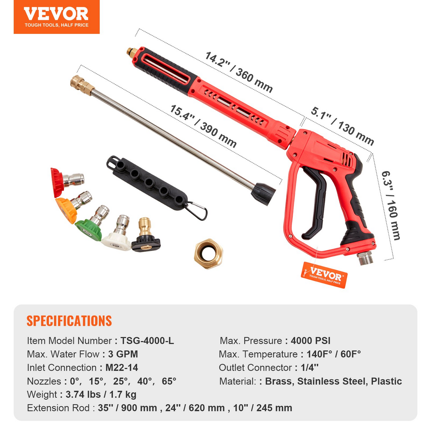 VEVOR High Pressure Washer Gun, 4000 PSI, Power Washer Spay Gun with Replacement Extension Wand, M22-14mm Inlet & 1/4'' Outlet Hose Connector Foam Gun, Pressure Washer Handle with 5 Nozzle Tips