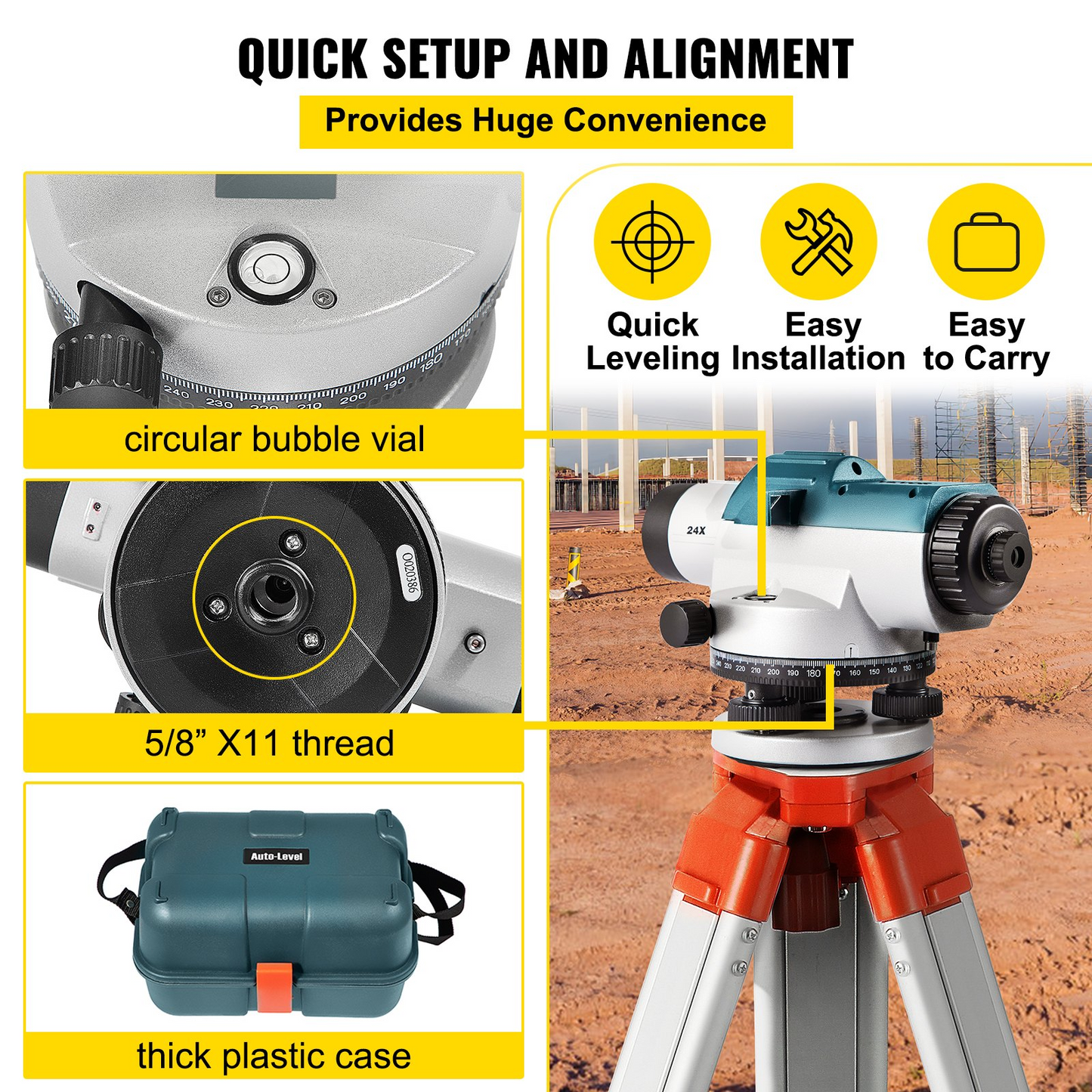 VEVOR Automatic Optical Level 24X Optical Auto Level Kit High Precision Height/Distance/Angle Level Measure Builders Level with Magnetic Dampened Compensator and Transport Lock, IP54 Waterproof