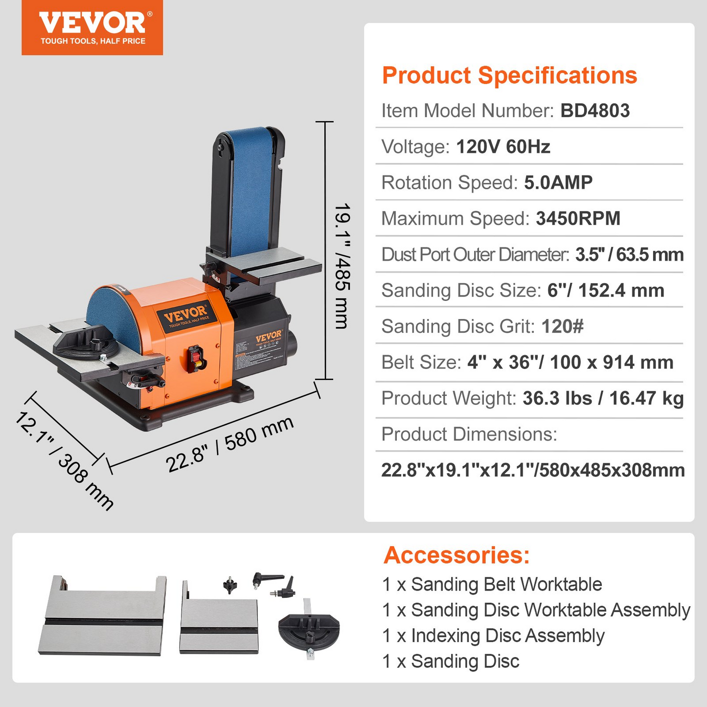 VEVOR Professional Belt Sander, 6" Disc Sander and 4 x 36 in. Belt Sander with 5A Induction Motor Cast Aluminum Worktable for Woodworking, Metalworking