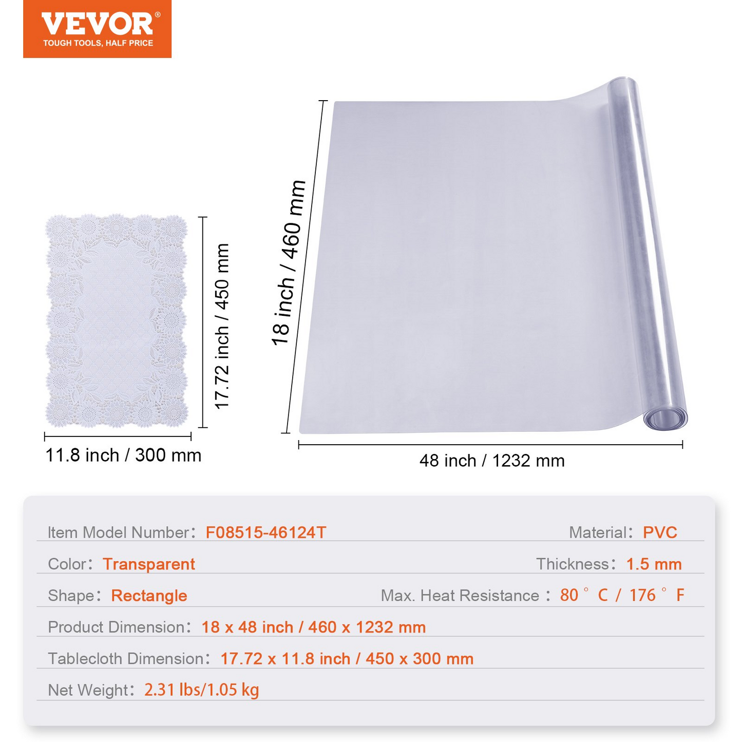 VEVOR Clear Table Cover Protector, 18" x 48"/ 460 x 1232 mm Table Cover, 1.5 mm Thick PVC Plastic Tablecloth, Waterproof Desktop Protector for Writing Desk, Coffee Table, Dining Room Table