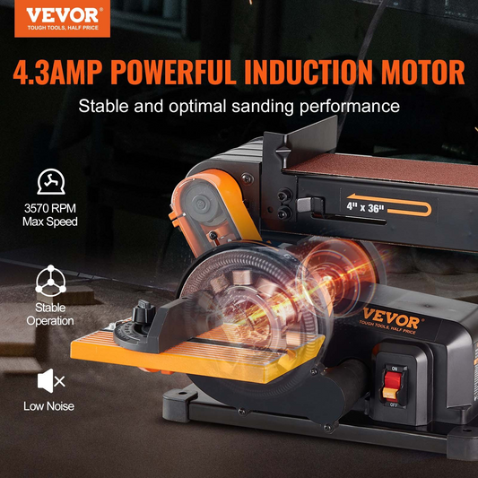 VEVOR Belt Disc Sander Combo, 6" Disc Sander and 4"x36" Belt Sander with 4.3A Induction Motor 3570RPM, Bench Sander & 0-90° Tiltable Belt and 0-45° Adjustable Cast Aluminum Worktable for Woodworking