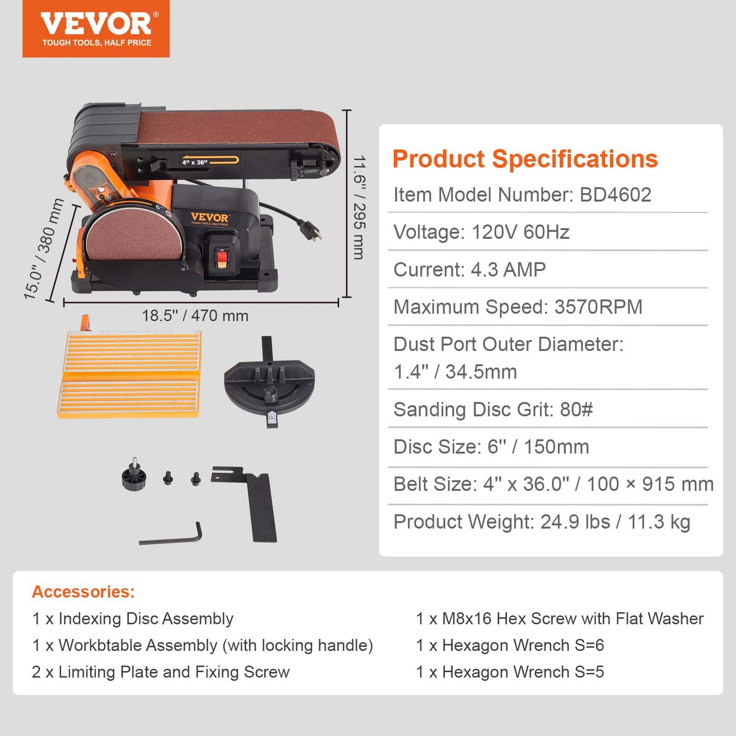 VEVOR Belt Disc Sander Combo, 6" Disc Sander and 4"x36" Belt Sander with 4.3A Induction Motor 3570RPM, Bench Sander & 0-90° Tiltable Belt and 0-45° Adjustable Cast Aluminum Worktable for Woodworking