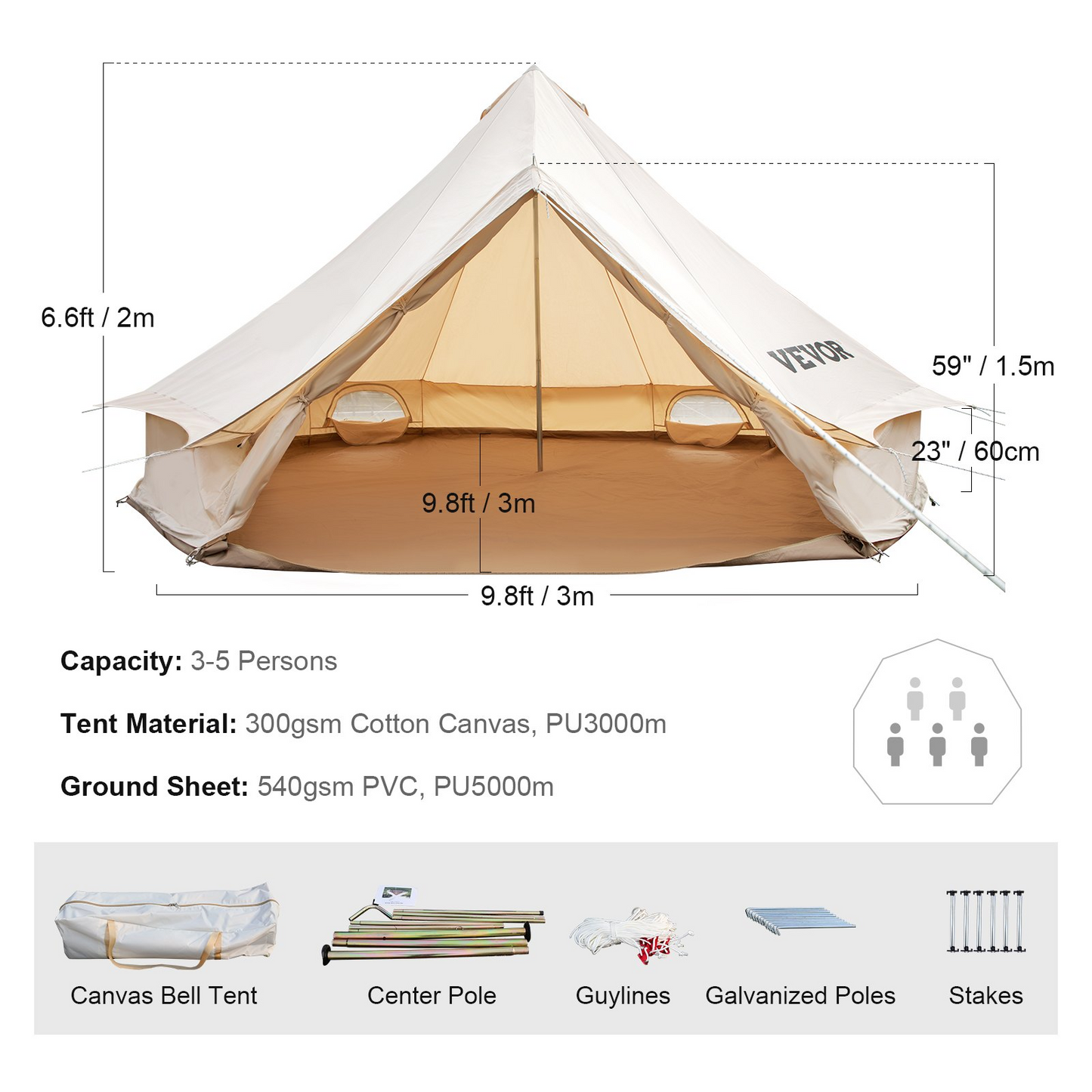 VEVOR 3-5 Person Canvas Glamping Bell Tent, Breathable Waterproof Yurt Tent with Stove Jack and Detachable Side Wall for Family Camping, 10'x 10'x98"(Diameter 3M)