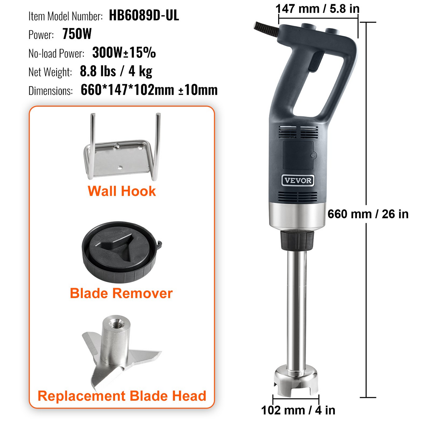 VEVOR Commercial Immersion Blender, 750W 12" Heavy Duty Hand Mixer, Variable Speed Kitchen Stick Mixer with 304 Stainless Steel Blade, Multi-Purpose Portable Mixer for Soup, Smoothie, Puree, Baby Food