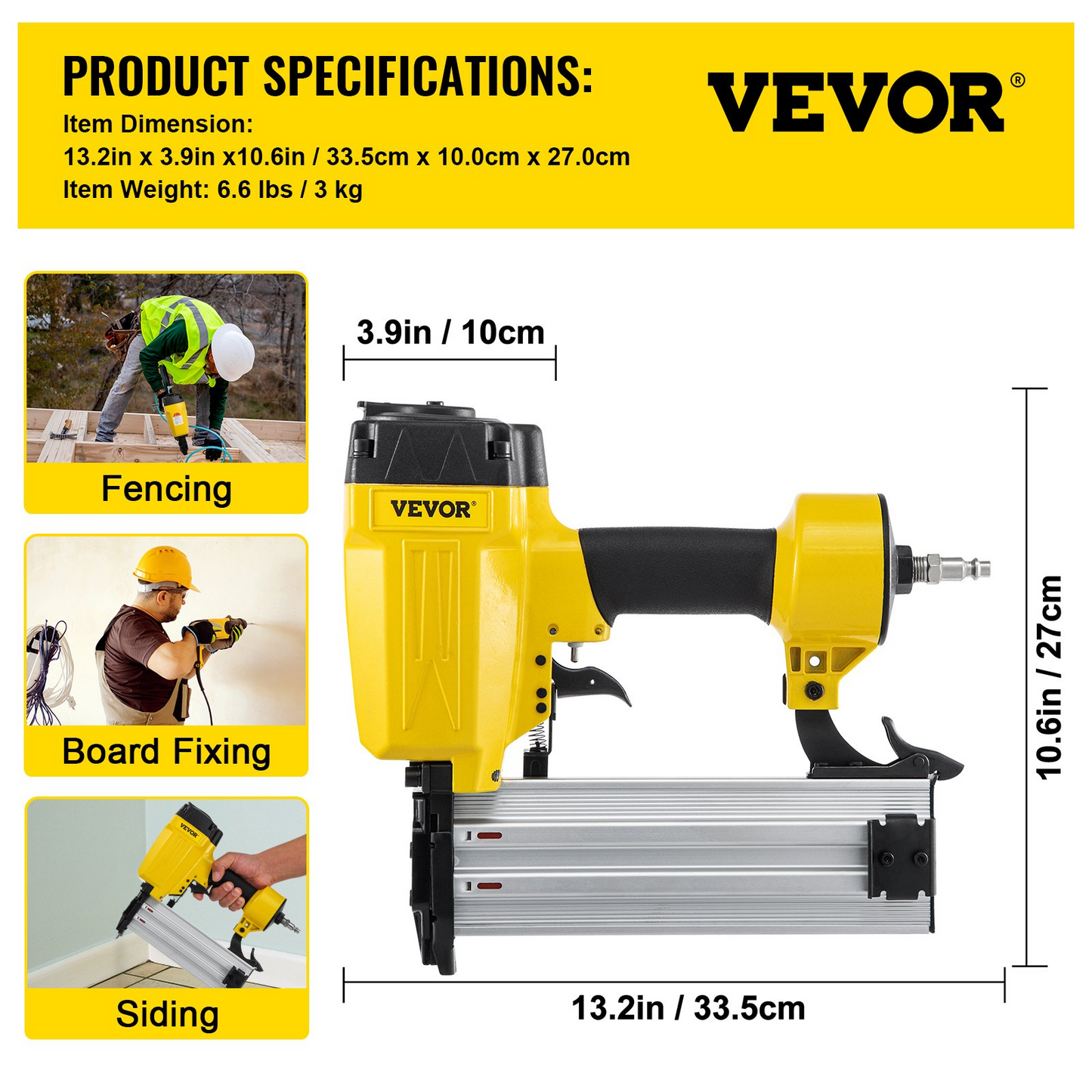 VEVOR Pneumatic Concrete Nailer, 14 Gauge 1 to 2-1/2 Inch Heavy Duty T Nail Gun W/Ergonomic Handle, Framing Nailer Used in Woodworking, and Upholstery Carpentry , Yellow