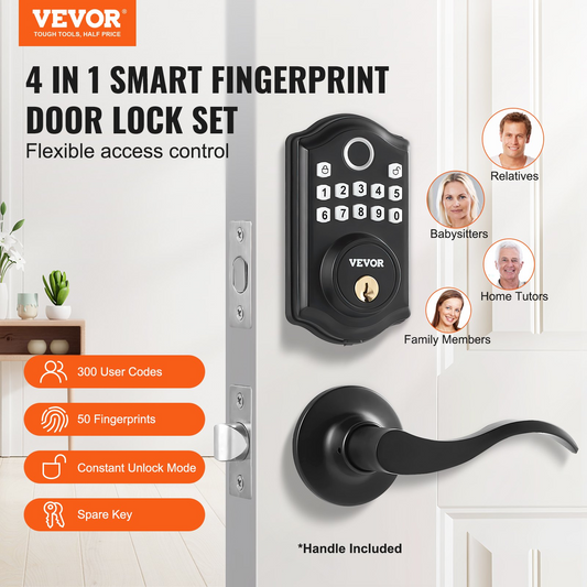 VEVOR Fingerprint Door Lock with 2 Level Handles, Keyless Entry Door Lock with Fingerprint/Keypad Code/Key, Auto Lock, Electronic Keypad Deadbolt with 300 Users, Anti-Peeking Password, for Front Door