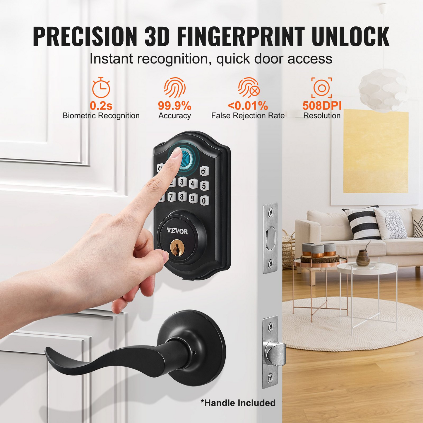 VEVOR Fingerprint Door Lock with 2 Level Handles, Keyless Entry Door Lock with Fingerprint/Keypad Code/Key, Auto Lock, Electronic Keypad Deadbolt with 300 Users, Anti-Peeking Password, for Front Door