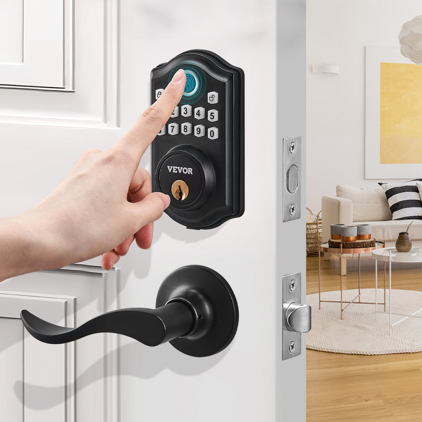 VEVOR Fingerprint Door Lock with 2 Level Handles, Keyless Entry Door Lock with Fingerprint/Keypad Code/Key, Auto Lock, Electronic Keypad Deadbolt with 300 Users, Anti-Peeking Password, for Front Door