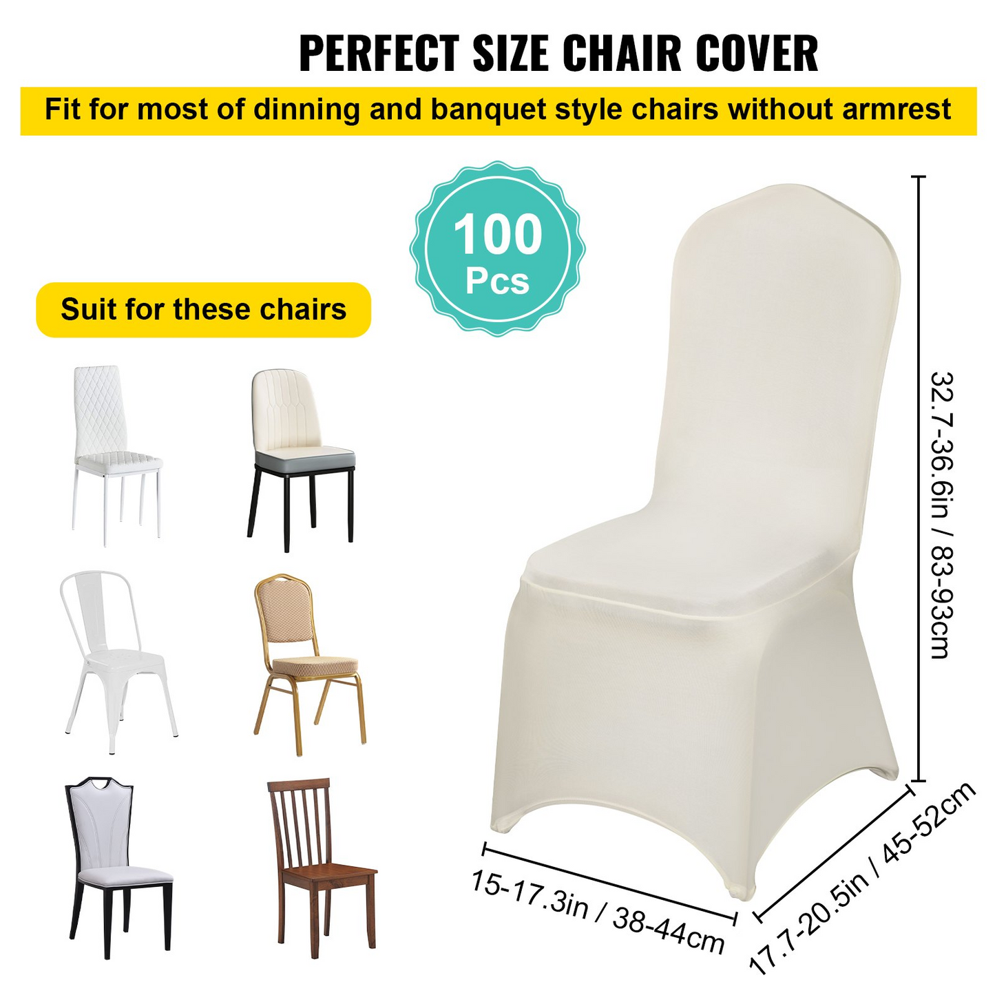 VEVOR Stretch Spandex Folding Chair Covers, Universal Fitted Chair Cover, Removable Washable Protective Slipcovers, for Wedding, Holiday, Banquet, Party, Celebration, Dining (100PCS Ivory White)