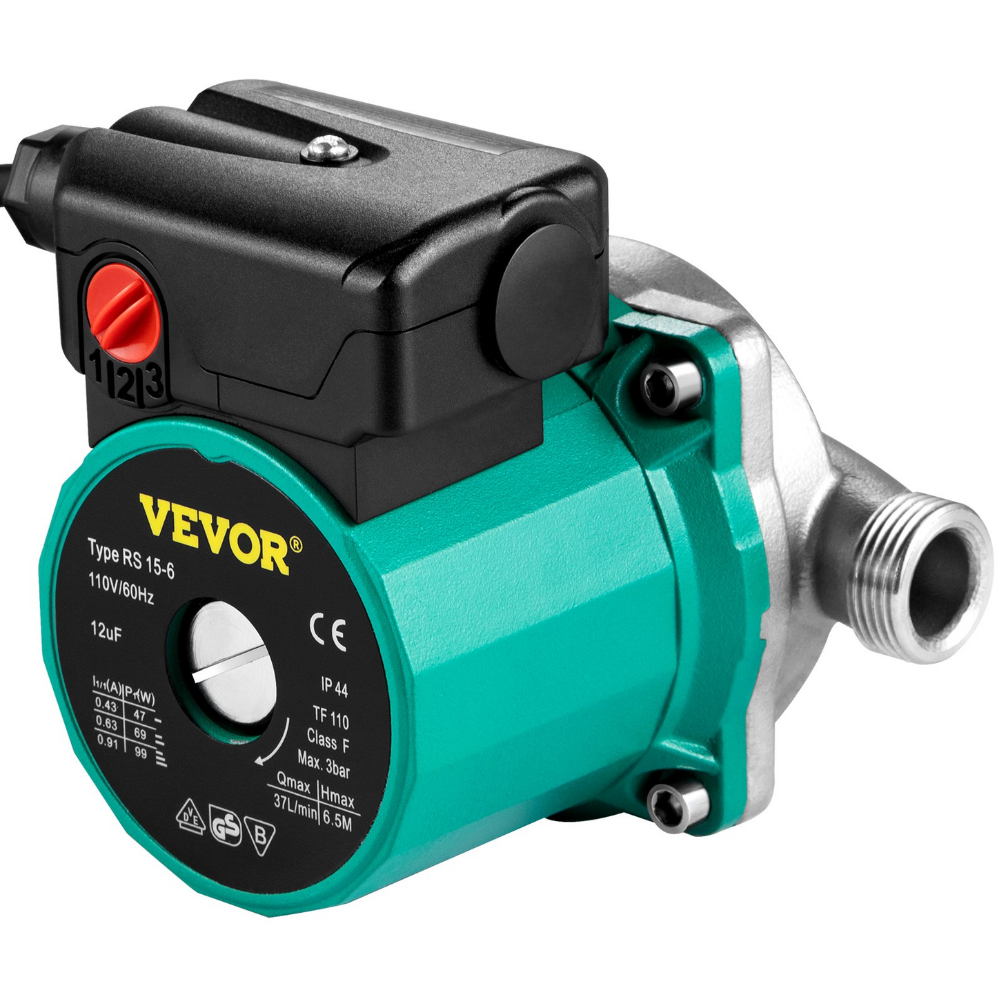 VEVOR Hot Water Recirculating Pump, 93W 110V Water Circulator Pump, Automatic Start Circulating Pump NPT 3/4" w/Brass Fittings, Stainless Steel Head, 3 Speed Control for Electric Water Heater System