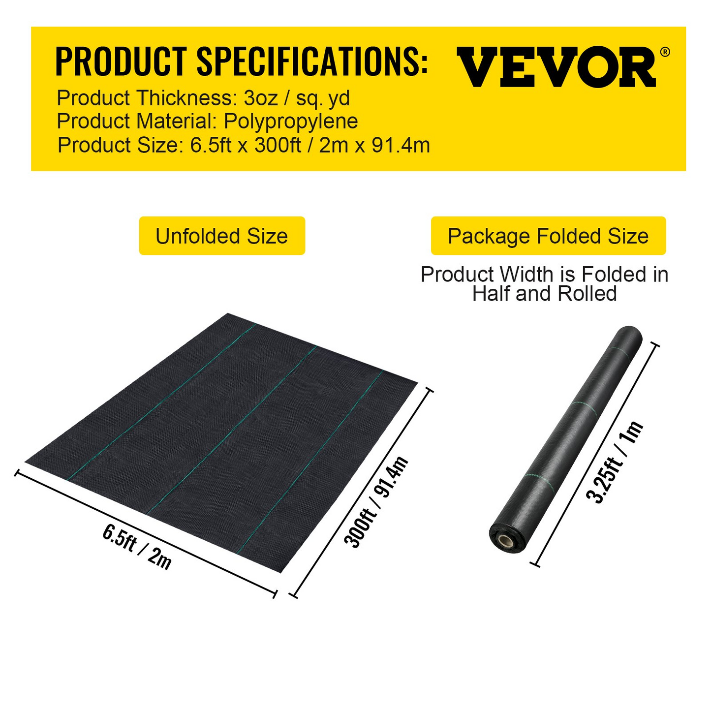 VEVOR 6.5FTx300FT Premium Weed Barrier Fabric Heavy Duty 3OZ, Woven Weed Control Fabric, High Permeability Good for Flower Bed, Geotextile Fabric for Underlayment, Polyethylene Ground Cover