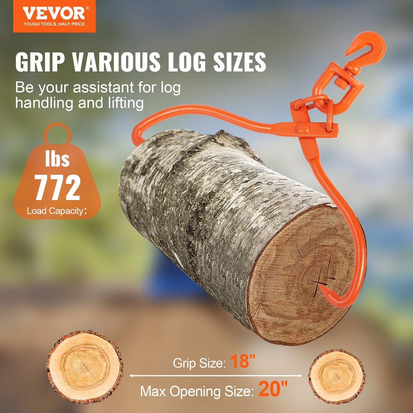 VEVOR Log Skidding Tongs, 18 inch 2 Claw Log Lifting Tongs, Heavy Duty Rotating Steel Lumber Skidding Tongs, 772 lbs/350 kg Loading Capacity, Log Lifting, Handling, Dragging & Carrying Tool