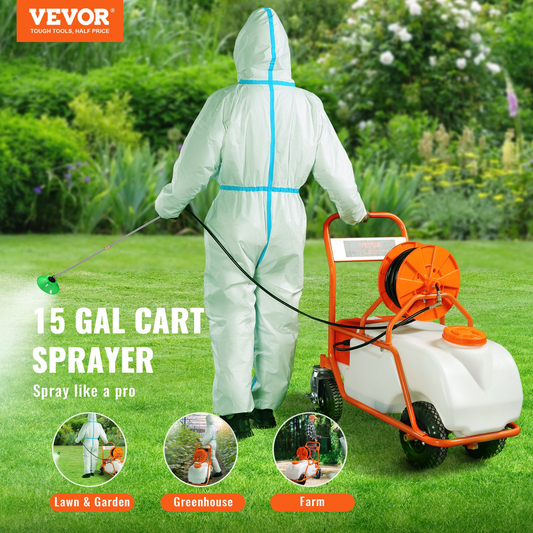 VEVOR Battery Powered Lawn Sprayer on Wheel, 0-90 PSI Adjustable Pressure, 15 Gallon Tank, Cart Sprayer with 8 Nozzles and 2 Wands, 12V 12Ah Battery, Wide Mouth Lid for Weeding, Spraying