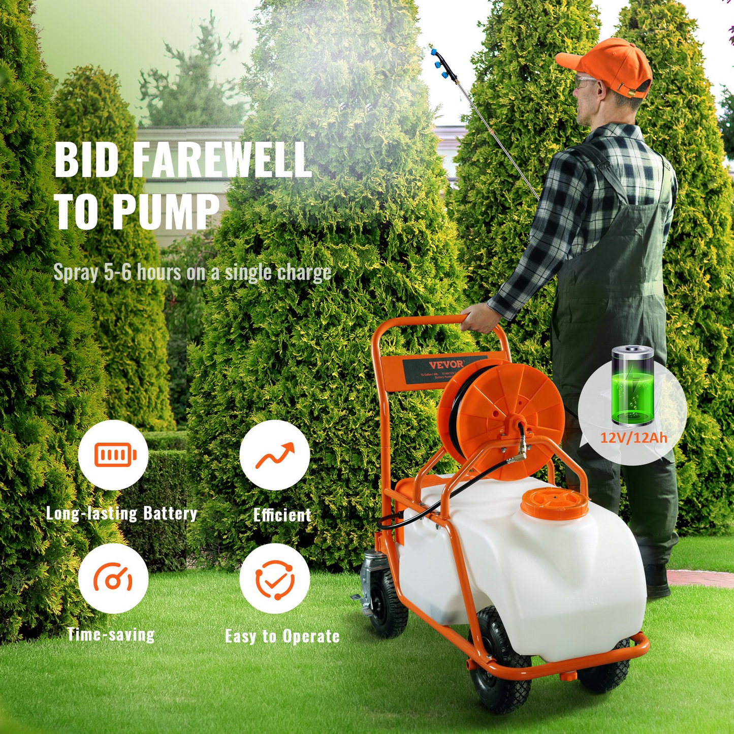 VEVOR Battery Powered Lawn Sprayer on Wheel, 0-90 PSI Adjustable Pressure, 15 Gallon Tank, Cart Sprayer with 8 Nozzles and 2 Wands, 12V 12Ah Battery, Wide Mouth Lid for Weeding, Spraying