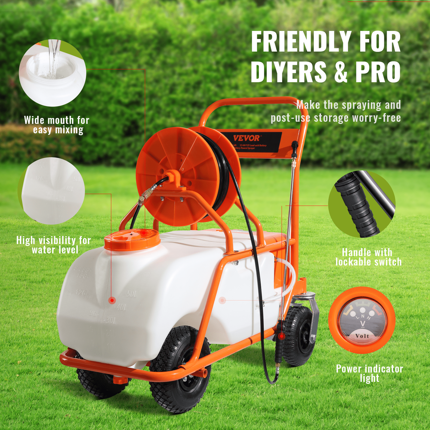 VEVOR Battery Powered Lawn Sprayer on Wheel, 0-90 PSI Adjustable Pressure, 15 Gallon Tank, Cart Sprayer with 8 Nozzles and 2 Wands, 12V 12Ah Battery, Wide Mouth Lid for Weeding, Spraying