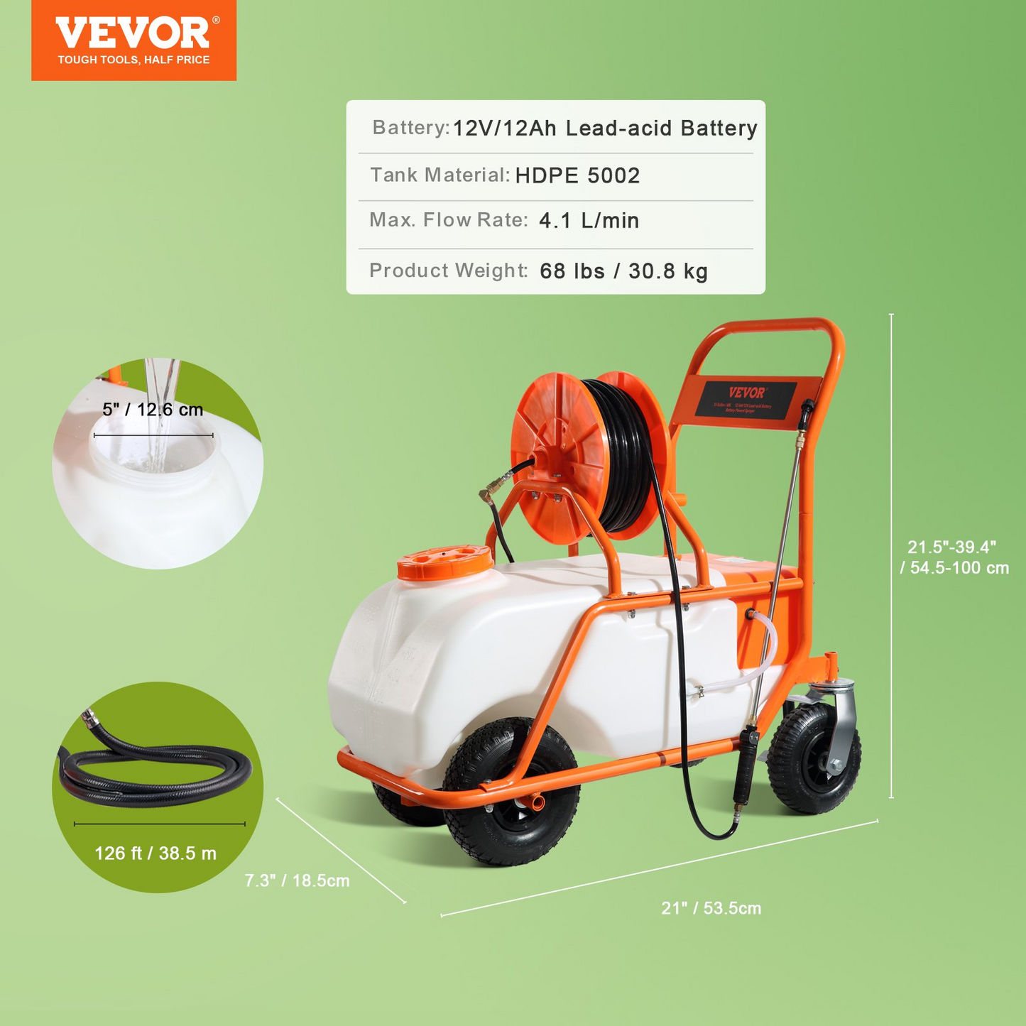 VEVOR Battery Powered Lawn Sprayer on Wheel, 0-90 PSI Adjustable Pressure, 15 Gallon Tank, Cart Sprayer with 8 Nozzles and 2 Wands, 12V 12Ah Battery, Wide Mouth Lid for Weeding, Spraying