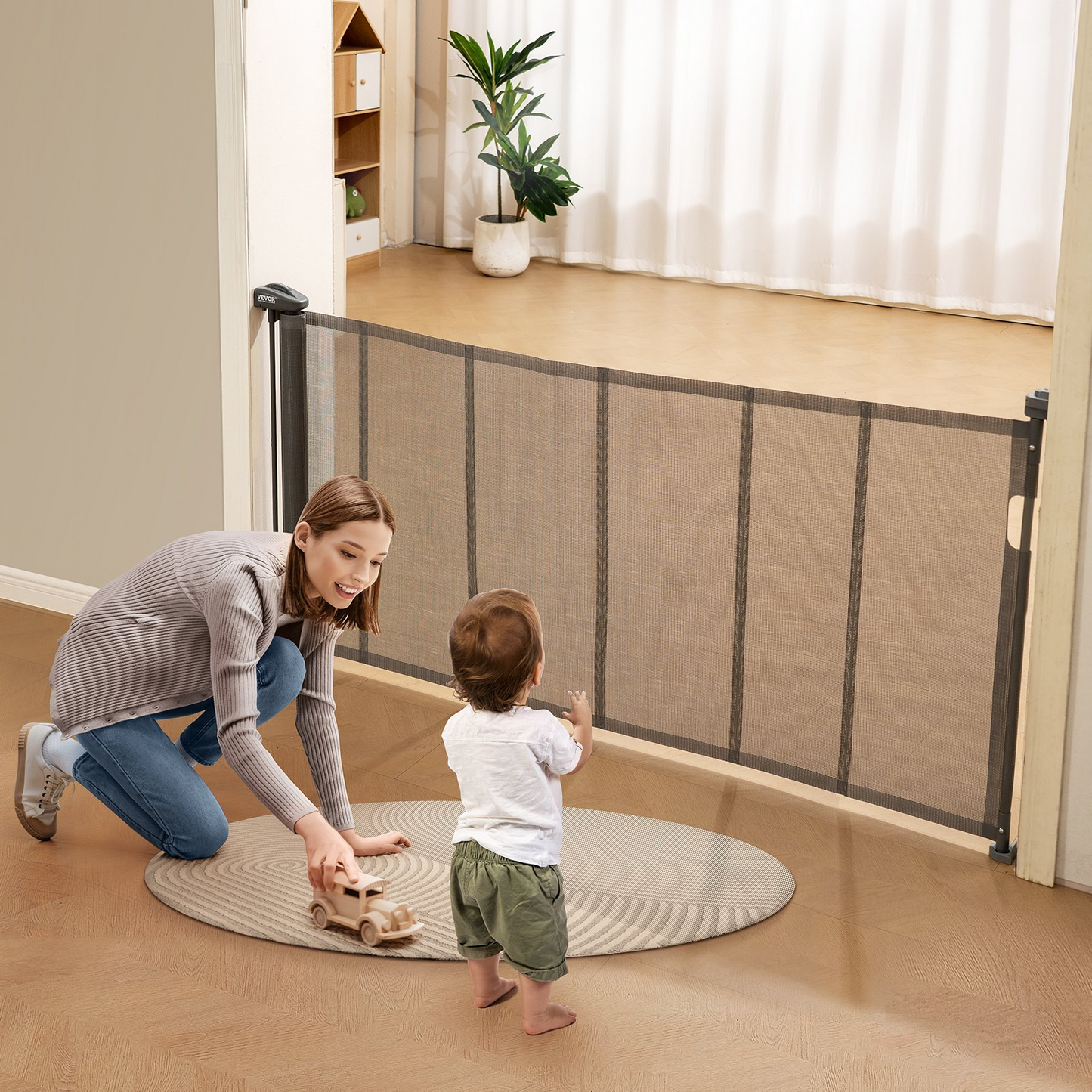 VEVOR Retractable Baby Gate, 34.2" Tall Mesh Baby Gate, Extends up to 76.8" Wide Retractable Gate for Kids or Pets, Retractable Dog Gates for Indoor Stairs, Doorways, Hallways, Playrooms, Gray