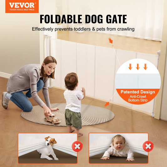 VEVOR Retractable Baby Gate, 34.2" Tall Mesh Baby Gate, Extends up to 76.8" Wide Retractable Gate for Kids or Pets, Retractable Dog Gates for Indoor Stairs, Doorways, Hallways, Playrooms, White