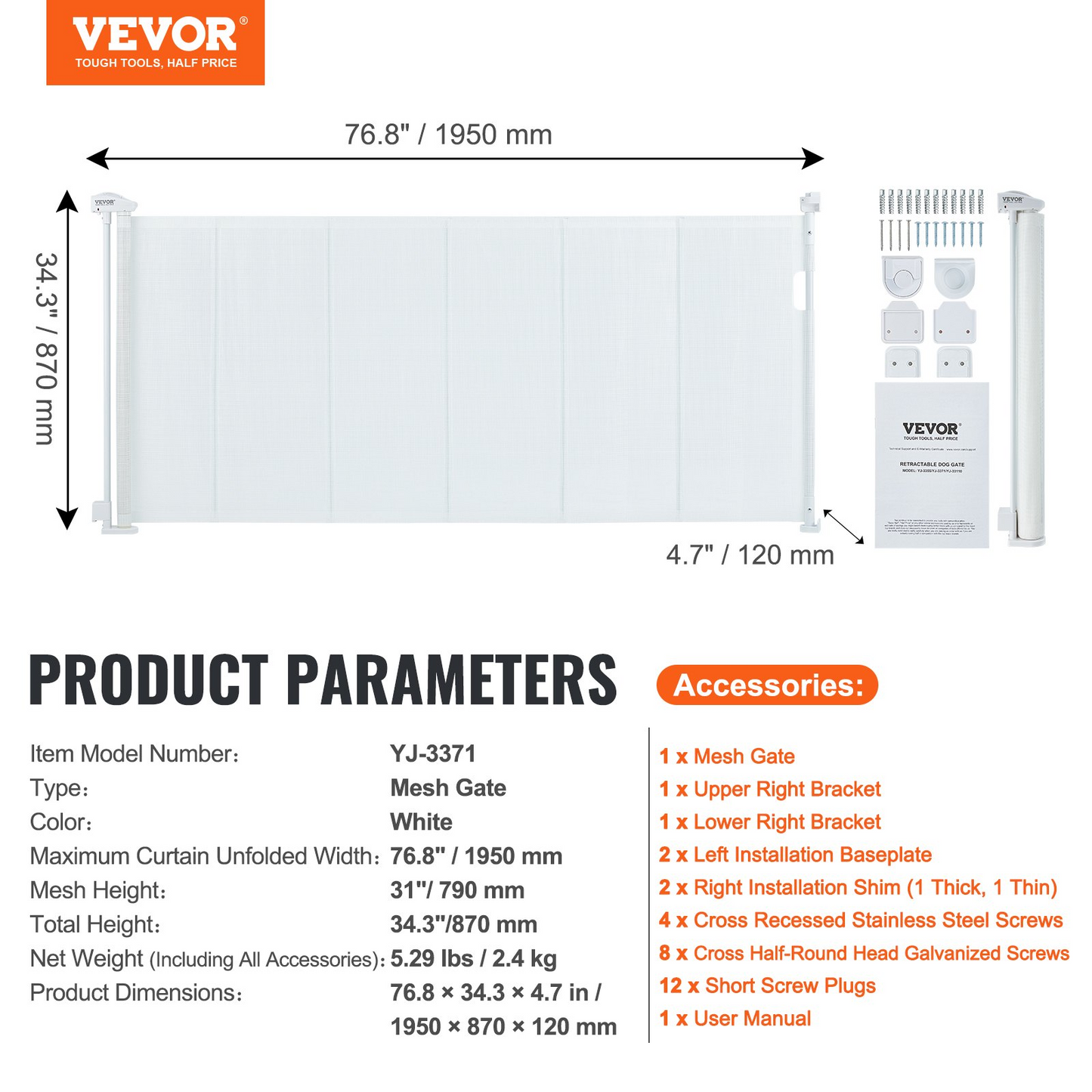 VEVOR Retractable Baby Gate, 34.2" Tall Mesh Baby Gate, Extends up to 76.8" Wide Retractable Gate for Kids or Pets, Retractable Dog Gates for Indoor Stairs, Doorways, Hallways, Playrooms, White