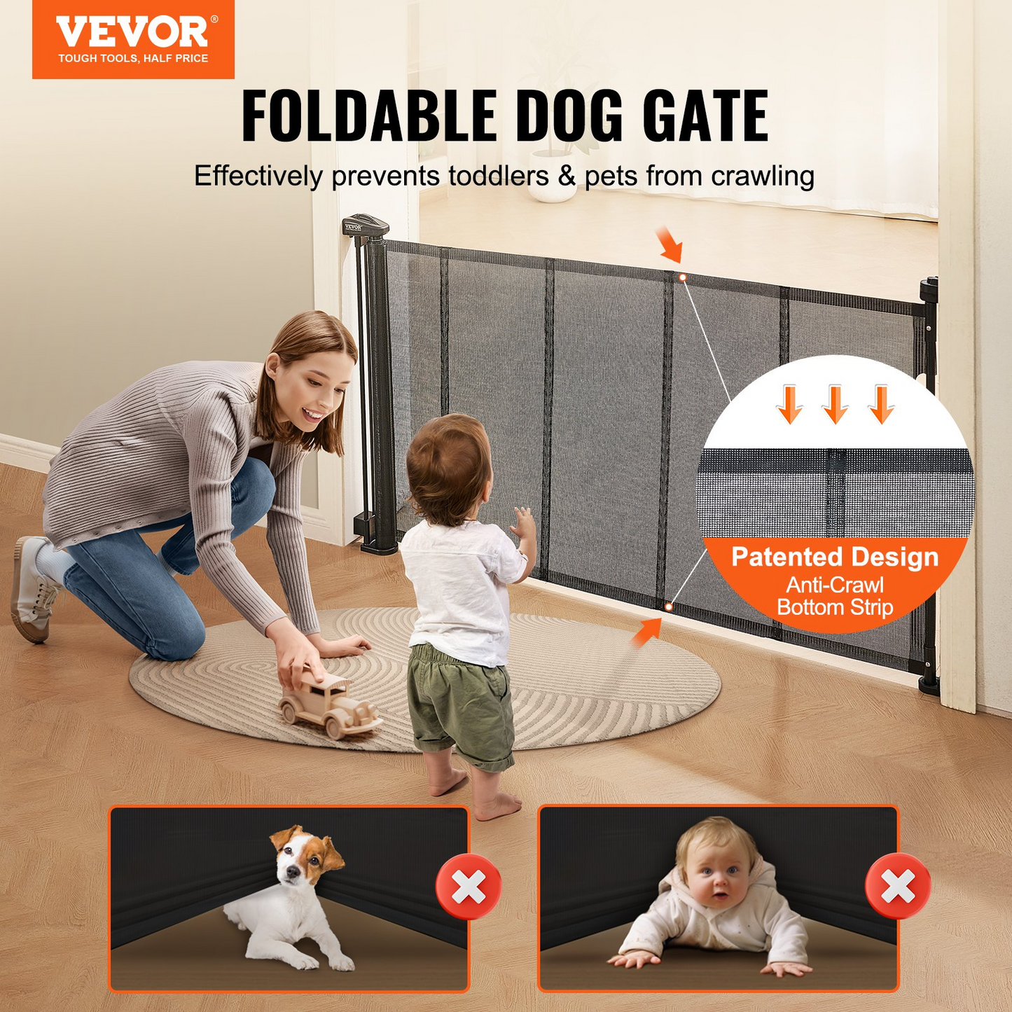 VEVOR Retractable Baby Gate, 34.2" Tall Mesh Baby Gate, Extends up to 60" Wide Retractable Gate for Kids or Pets, Retractable Dog Gates for Indoor Stairs, Doorways, Hallways, Playrooms, Black