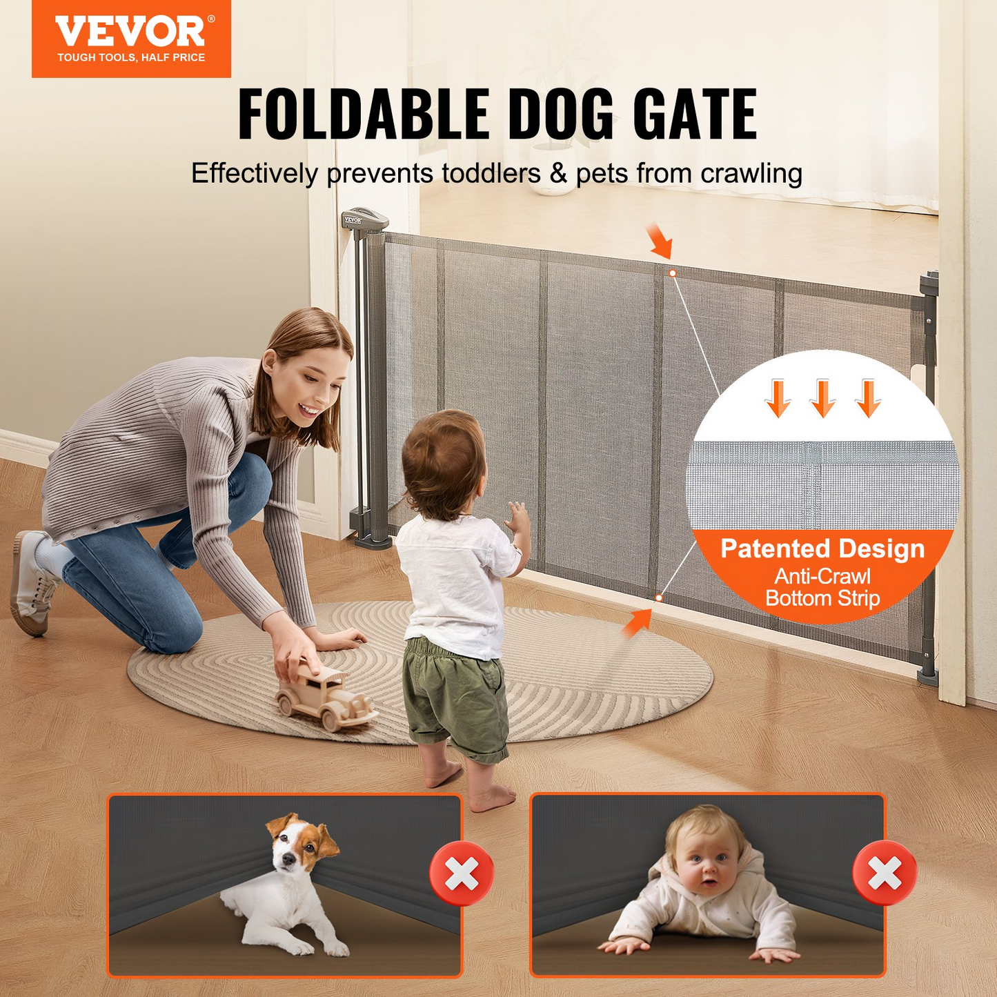 VEVOR Retractable Baby Gate, 34.2" Tall Mesh Baby Gate, Extends up to 60" Wide Retractable Gate for Kids or Pets, Retractable Dog Gates for Indoor Stairs, Doorways, Hallways, Playrooms, Gray