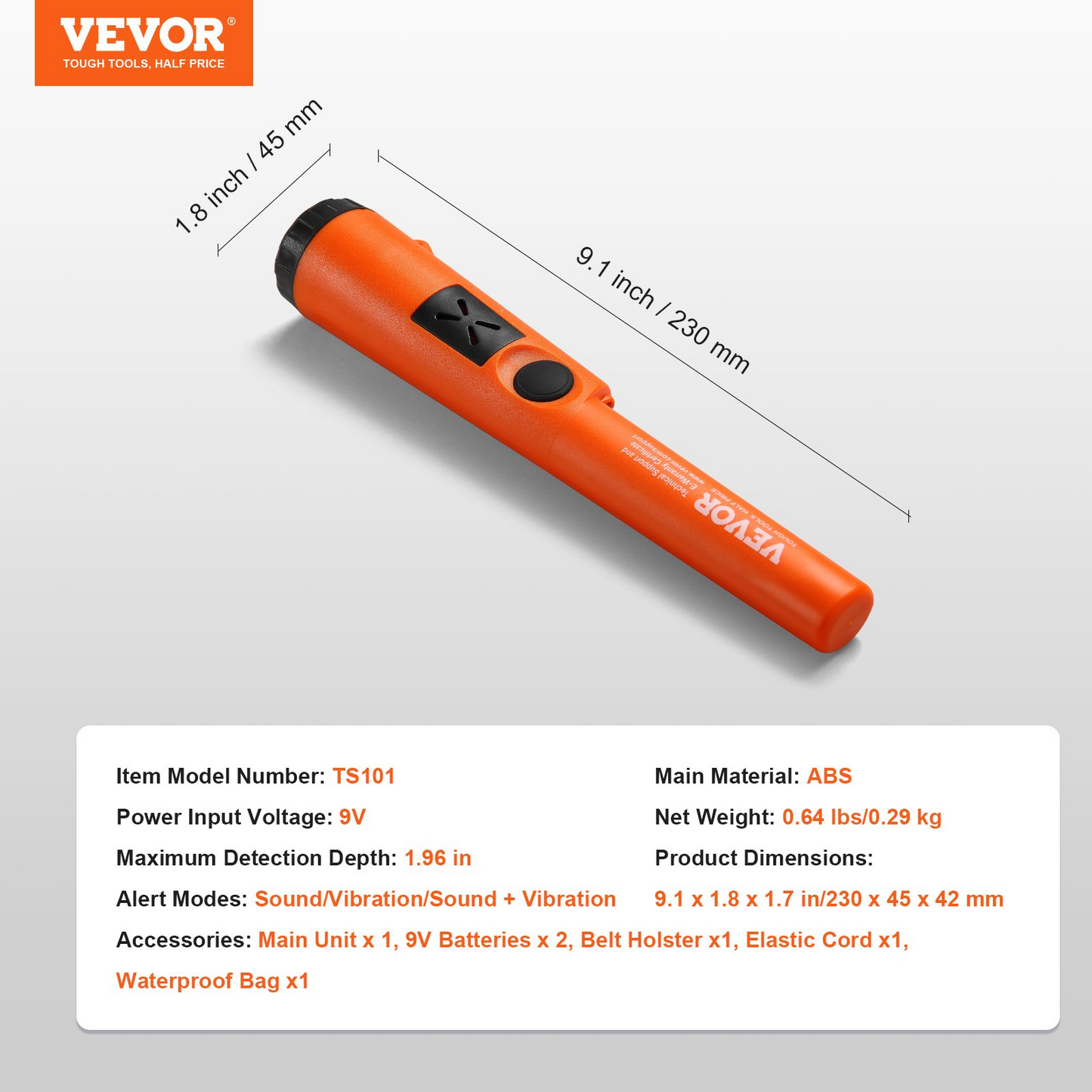 VEVOR Metal Detector Pinpointer, Partial Waterproof Handheld Pin Pointer Wand, 1.96" Detection Depth, 3 Modes, Treasure Hunting Probe with Holster, Waterproof Bag and 9V Battery, for Adults and Kids