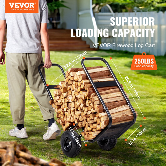 VEVOR Firewood Log Cart, 250 lbs Load Capacity, Outdoor and Indoor Wood Rack Storage Mover with Pneumatic Rubber Wheels, Heavy Duty Steel Dolly Hauler, Firewood Carrier for Fireplace, Fire Pit, Black