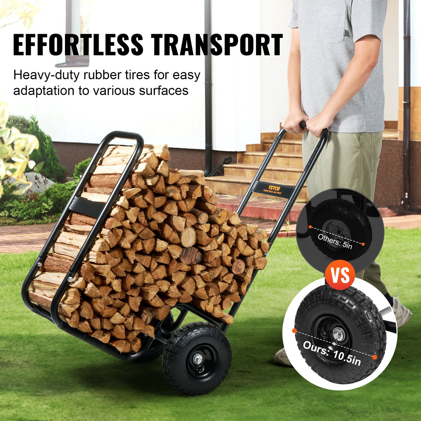 VEVOR Firewood Log Cart, 250 lbs Load Capacity, Outdoor and Indoor Wood Rack Storage Mover with Pneumatic Rubber Wheels, Heavy Duty Steel Dolly Hauler, Firewood Carrier for Fireplace, Fire Pit, Black