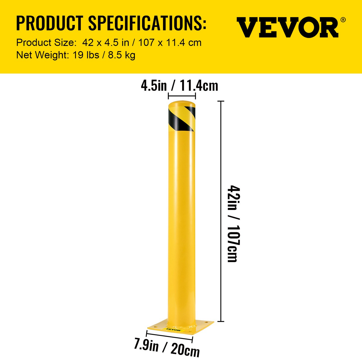 VEVOR Safety Bollard 42"x4.5" Safety Barrier Bollard 4-1/2" OD 42" Height Yellow Powder Coat Pipe Steel Safety Barrier with 4 Free Anchor Bolts for Traffic-Sensitive Area