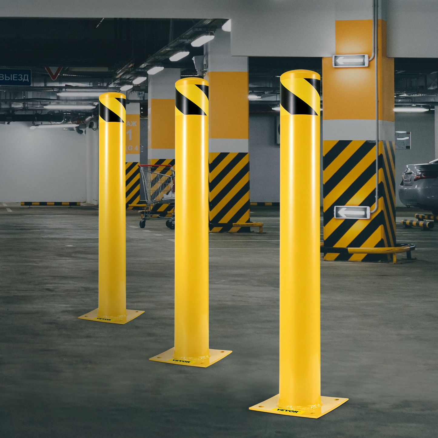 VEVOR Safety Bollard 42"x4.5" Safety Barrier Bollard 4-1/2" OD 42" Height Yellow Powder Coat Pipe Steel Safety Barrier with 4 Free Anchor Bolts for Traffic-Sensitive Area