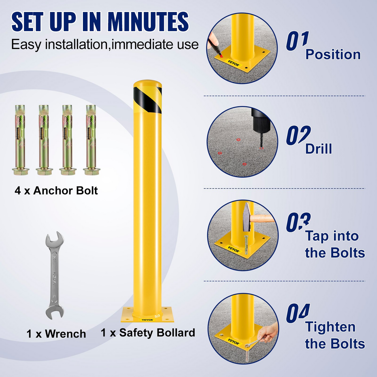 VEVOR Safety Bollard Safety Barrier Bollard 4-1/2" OD 36" Height Yellow Powder Coat Pipe Steel Safety Barrier with 4 Free Anchor Bolts for Traffic-Sensitive Area