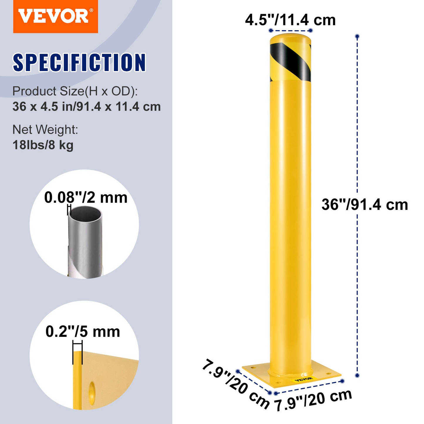 VEVOR Safety Bollard Safety Barrier Bollard 4-1/2" OD 36" Height Yellow Powder Coat Pipe Steel Safety Barrier with 4 Free Anchor Bolts for Traffic-Sensitive Area