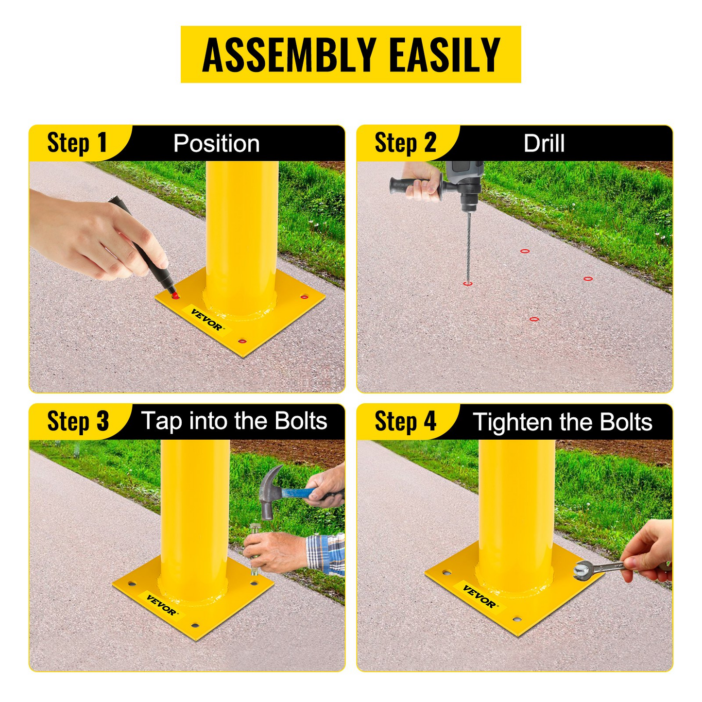 VEVOR Safety Bollard 24"x4.5" Safety Barrier Bollard 4-1/2" OD 24" Height Yellow Powder Coat Pipe Steel Safety Barrier with 4 Free Anchor Bolts for Traffic-Sensitive Area