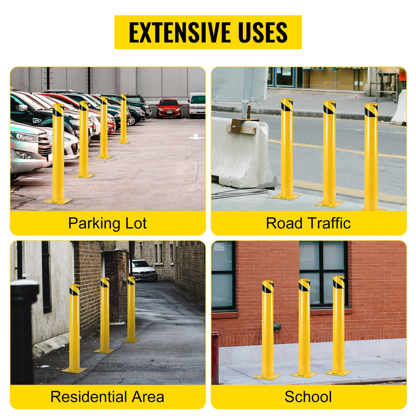 VEVOR Safety Bollard 24"x4.5" Safety Barrier Bollard 4-1/2" OD 24" Height Yellow Powder Coat Pipe Steel Safety Barrier with 4 Free Anchor Bolts for Traffic-Sensitive Area