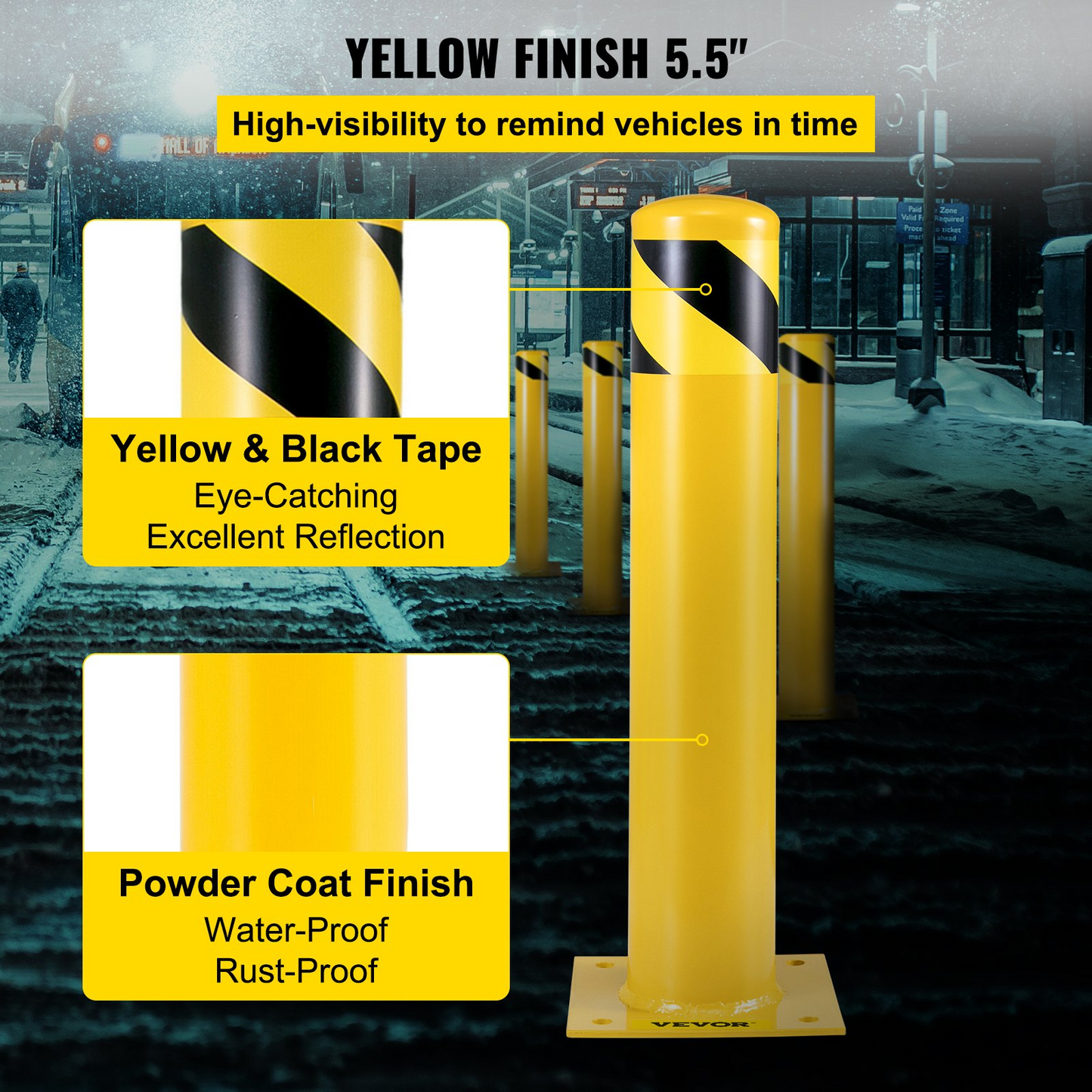 VEVOR Safety Bollard, 24"x5.5" Safety Barrier Bollard, 5-1/2" OD 24" Height Yellow Powder Coat Pipe Steel Safety Barrier with 4 Free Anchor Bolts for Traffic-Sensitive Area