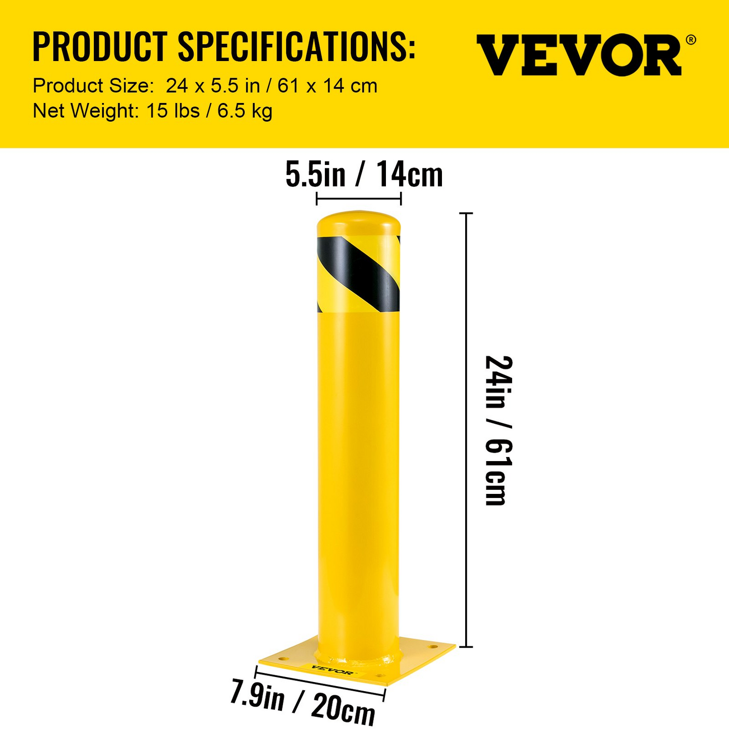 VEVOR Safety Bollard, 24"x5.5" Safety Barrier Bollard, 5-1/2" OD 24" Height Yellow Powder Coat Pipe Steel Safety Barrier with 4 Free Anchor Bolts for Traffic-Sensitive Area