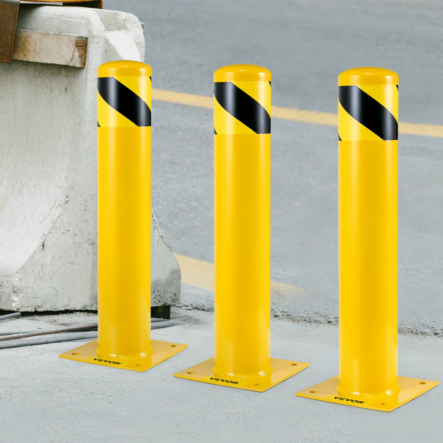 VEVOR Safety Bollard, 24"x5.5" Safety Barrier Bollard, 5-1/2" OD 24" Height Yellow Powder Coat Pipe Steel Safety Barrier with 4 Free Anchor Bolts for Traffic-Sensitive Area