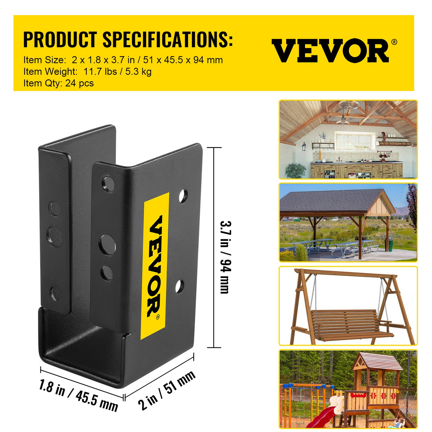 VEVOR Concealed Joist Hanger, 2"x4" Outdoor Accent Concealed-Flange, Pack of 24 Concealed Joist Bracket, Q235 Steel Plate Powder-Coated Concealed Face Mount Joist Hanger for 2"x4" Beam Swing, 3.7"