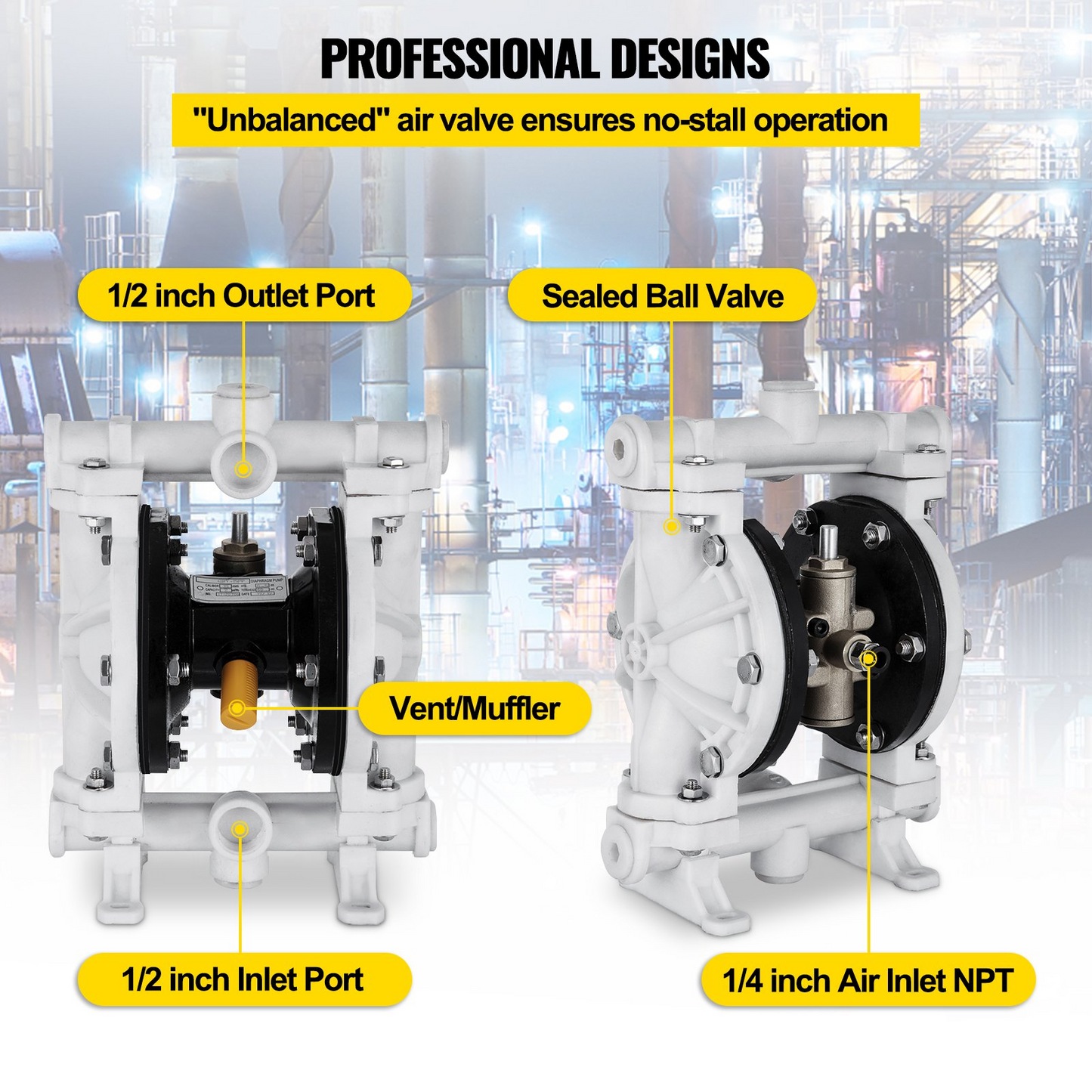 VEVOR Air-Operated Double Diaphragm Pump, 1/2 in Inlet & Outlet, Polypropylene Body, 13.2 GPM & Max 120PSI, PTFE Diaphragm Pneumatic Transfer Pump for Petroleum, Diesel, Oil & Low Viscosity Fluids