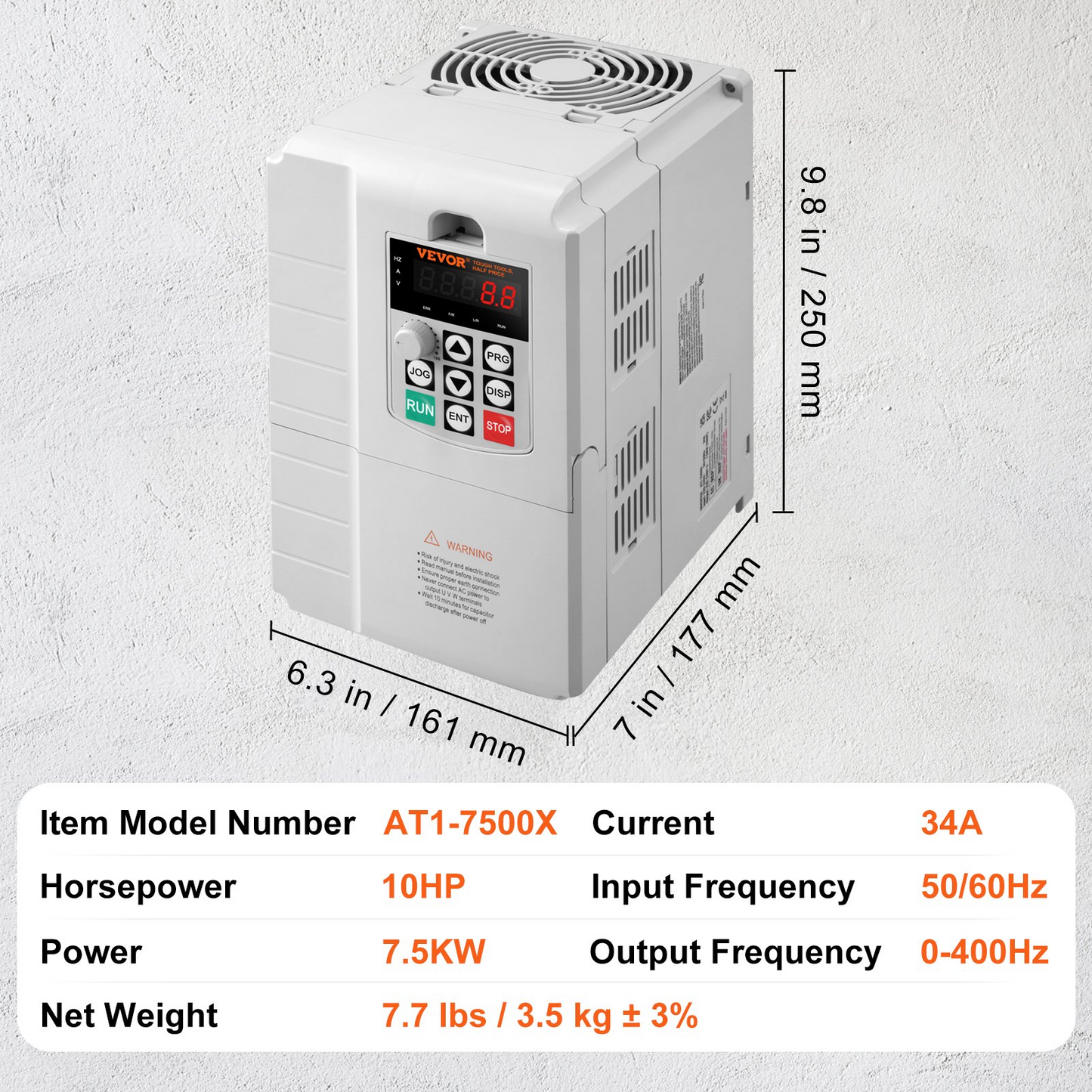 VEVOR VFD 7.5KW, 34A, 10HP Variable Frequency Drive for 3-Phase Motor Speed Control