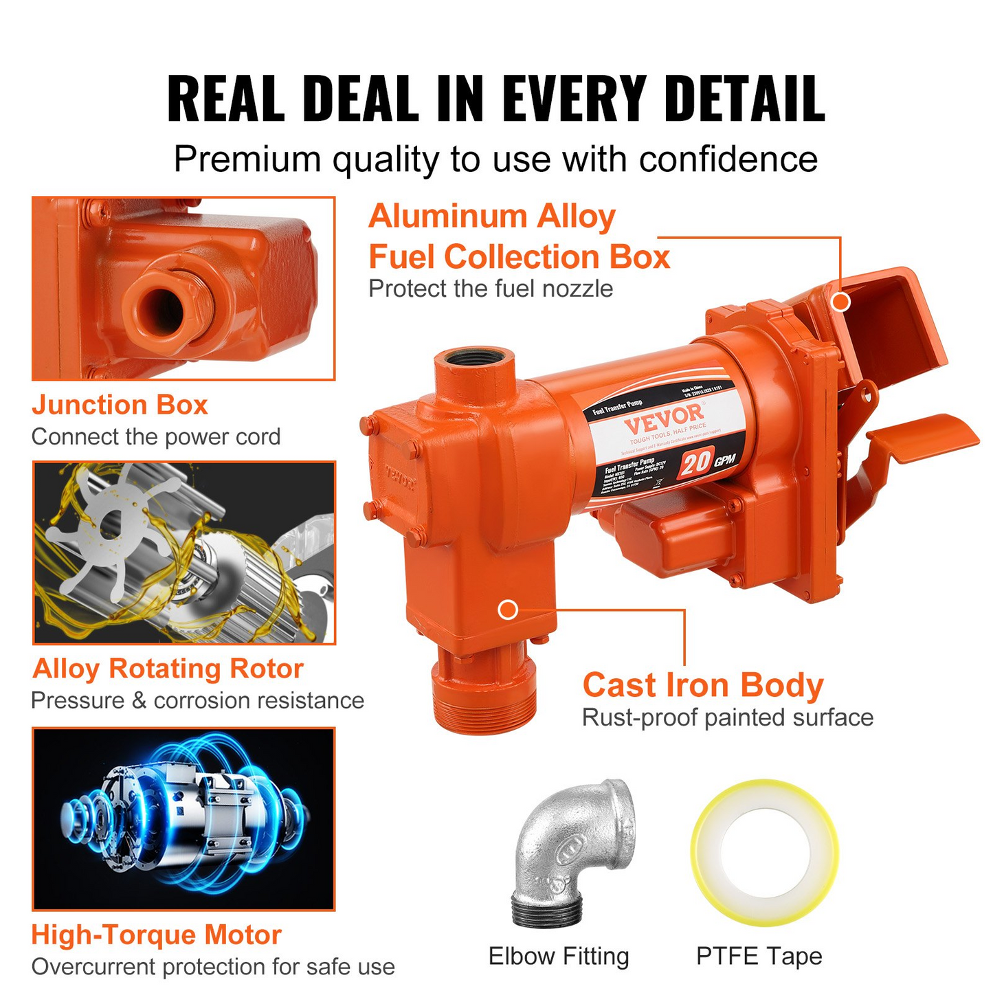 VEVOR Fuel Transfer Pump, 12V DC 20 GPM 1/4 HP, High Flow Cast Iron Gasoline Extractor Pump with Fuel Collection Box Design for Gasoline, Diesel, Kerosene, Ethanol & Methanol Blends, and Biodiesel